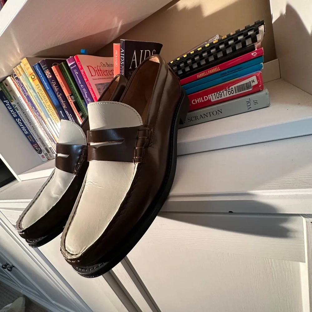 Zara Brown and Cream Leather Penny Loafers - Picture 2 of 14